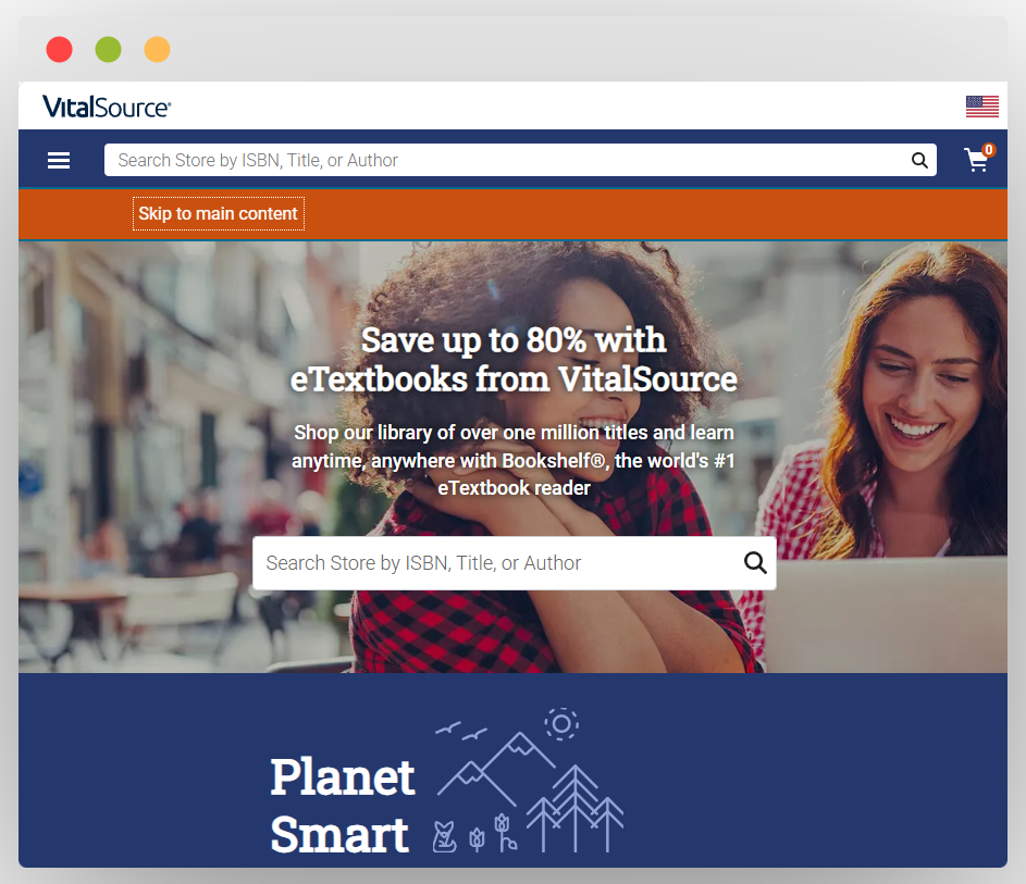 VitalSource电子教材网站首页，含搜索框、节省80%电子教材广告及Planet Smart标识 