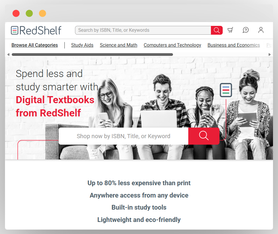 RedShelf网站的页面截图，顶部有网站logo“RedShelf”，以及一个搜索框，提示用户可以通过ISBN、标题或关键字进行搜索。导航栏列出了不同的分类