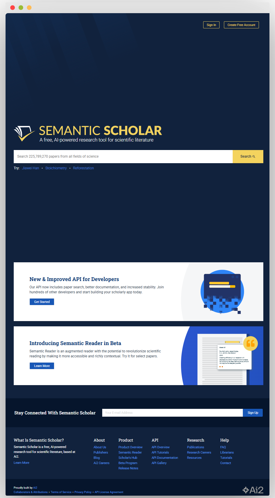 Semantic Scholar网站首页，提供免费的人工智能驱动科学文献研究工具及相关新功能介绍