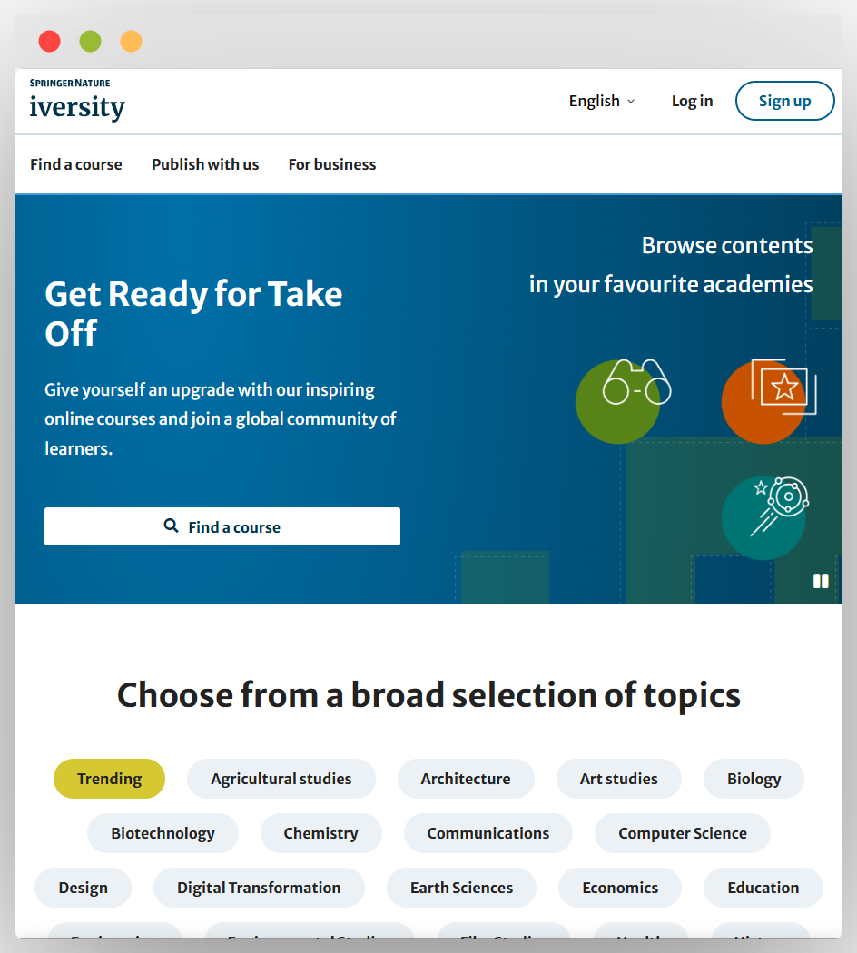 Iversity在线课程网站页面，由Springer Nature支持，提供多领域课程，有登录、注册选项，可查找课程、浏览内容，展示热门学科类别 