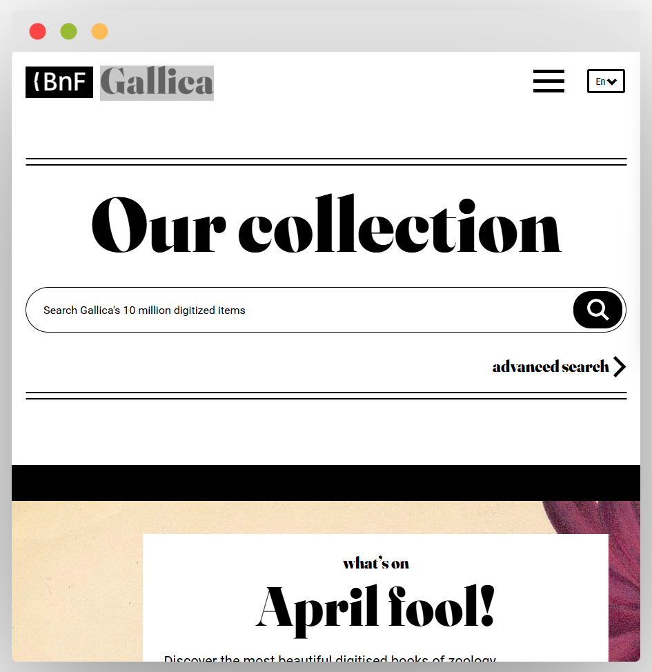 法国国家图书馆（BnF）Gallica网站页面，显示搜索框、高级搜索选项及“Our collection”标题等信息 
