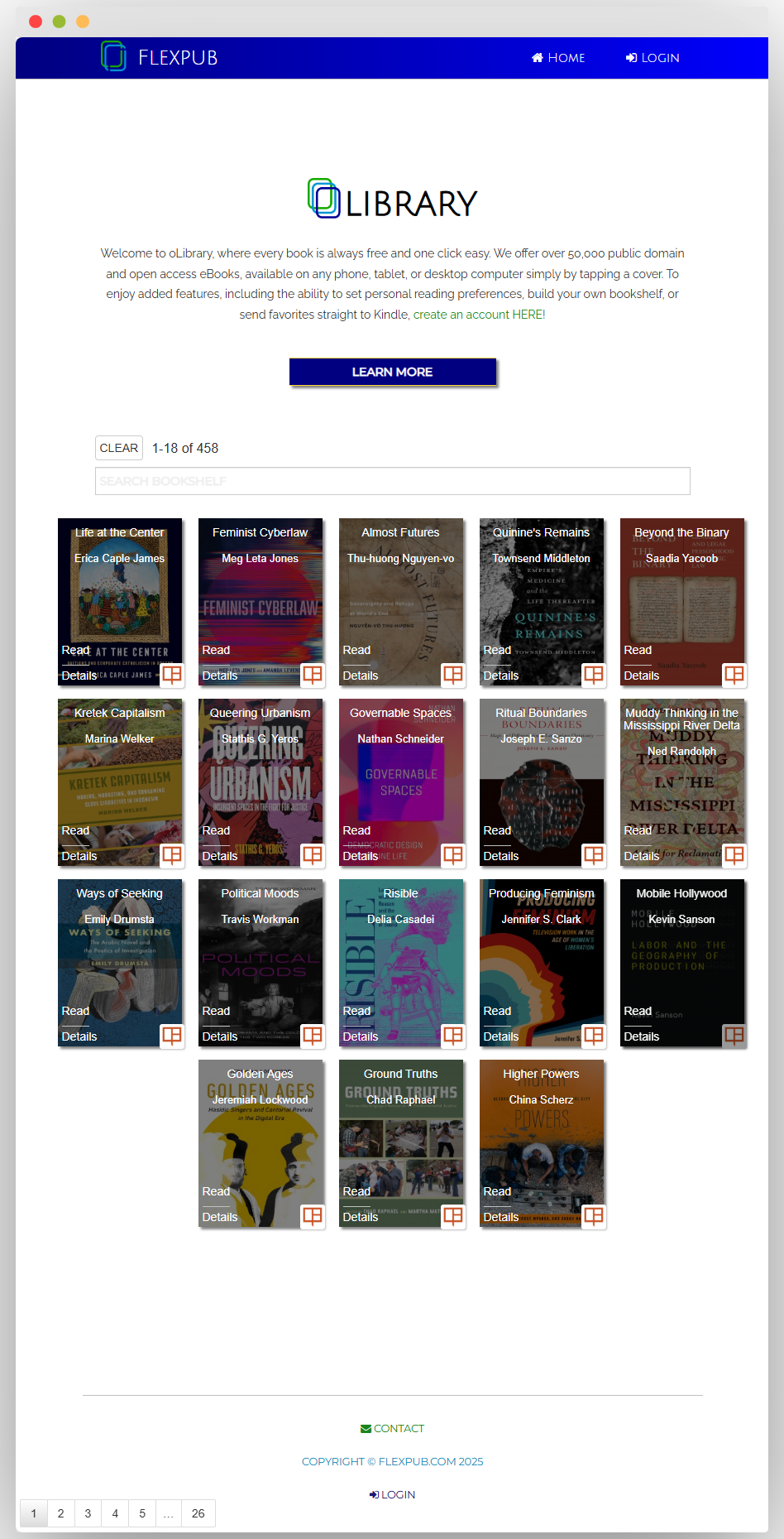Flexpub网站的oLibrary页面，顶部有网站名称Flexpub和首页、登录选项，中部有oLibrary标志及欢迎语，介绍提供超50000本公共领域和开放获取电子书，可在多种设备阅读，还有设置阅读偏好等功能，下方展示部分书籍封面及阅读、详情按钮，底部有联系信息、版权年份及登录选项 。 