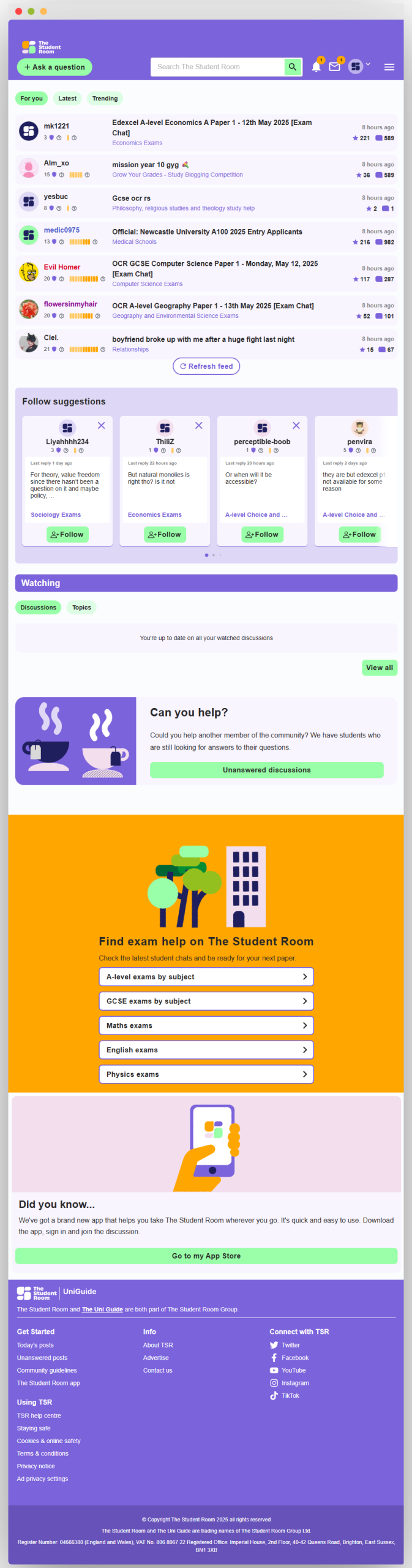 The Student Room网站页面，有提问按钮和搜索框，展示最新和热门讨论，含考试交流、学习竞赛、大学申请等话题，有关注建议、观看内容板块，提供考试帮助入口，推广手机应用，底部有网站信息及社交链接 。 
